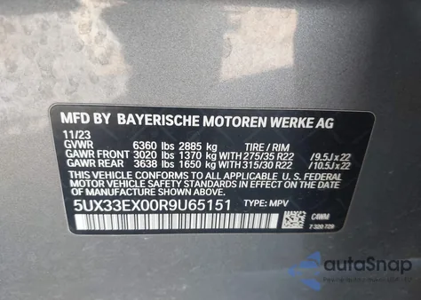 2024 BMW X6 xDrive40I из США, поврежденный, VIN 5UX33EX00R9U65151